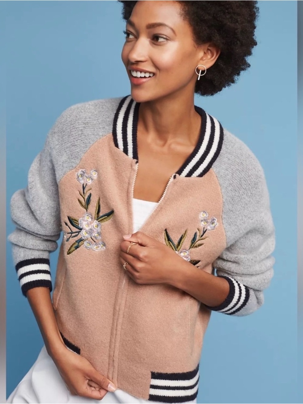Anthropologie Maeve Peach & Gray Embroidered Bomber Cardigan